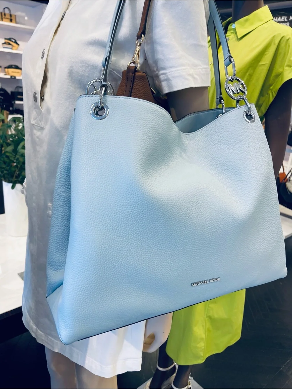 Michael Kors Christina Large Pebbled Leather Shoulder Bag Pale Ocean  NWT